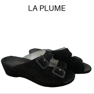 La Plume black suede sandal slide wedge